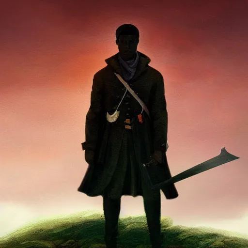 Image similar to dark-skinned man standing tall on a cliff fog clouds clothed in military uniform holding sword in the style of CASPAR DAVID FRIEDRICH techno atmosphere colourful beautiful image, brush strokes, pastel, artstation deviantart acrylic