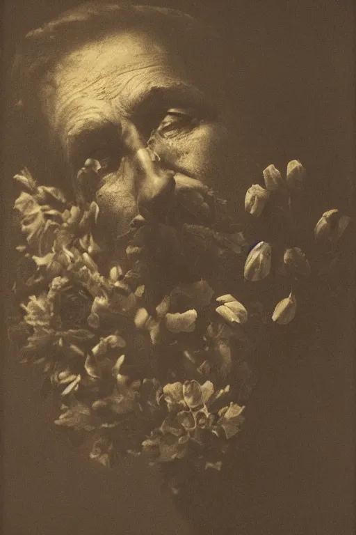 Image similar to a man's face in profile, long beard, flowers and fruit coming out of his mouth, in the style of the Dutch masters and Gregory Crewdson, dark and moody