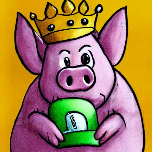 Prompt: 2d cartoon happy pig wearing a gold crown in the style of joe tamponi