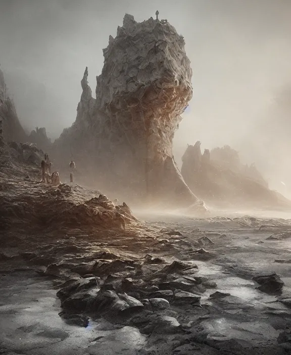 Image similar to surreal epic, masterpiece, romantic prometheus horizontal white exploration base, ochre ancient palette, building architecture by ruan jia, futuristic, blame, white architecture in the beach in iceland, foggy, highly detailed, digital painting, arstation, concept art, hyperealistic octane render, unreal engine