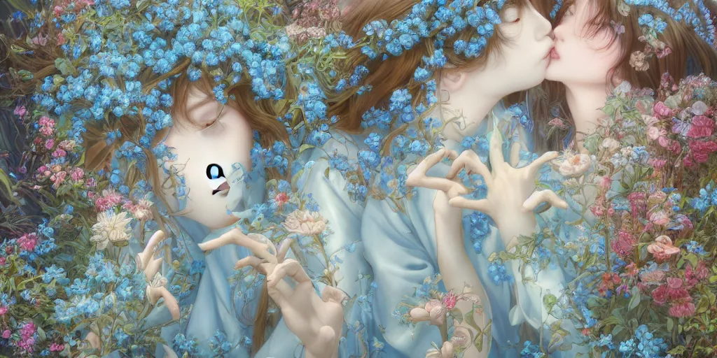 Prompt: breathtaking detailed concept art painting of the kissing goddesses of light blue flowers, orthodox saint, with anxious, piercing eyes, ornate background, amalgamation of leaves and flowers, by Hsiao-Ron Cheng, James jean, Miho Hirano, Hayao Miyazaki, extremely moody lighting, 8K