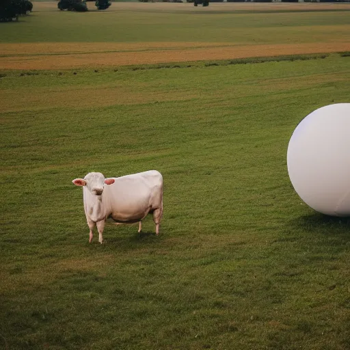 Image similar to a sphere shaped cow in a field, leica summilux 5 0 mm f / 1. 4