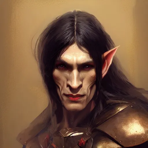 Prompt: character design, portrait of a attractive half elf half orc male with long black hair and proeminent cheekbones, medieval, dark tribal armor, painting by wlop, nixeu and greg rutkowski, beautiful, cgsociety, semirealism, artstation, octane render, sharpness, 8 k, golden ratio