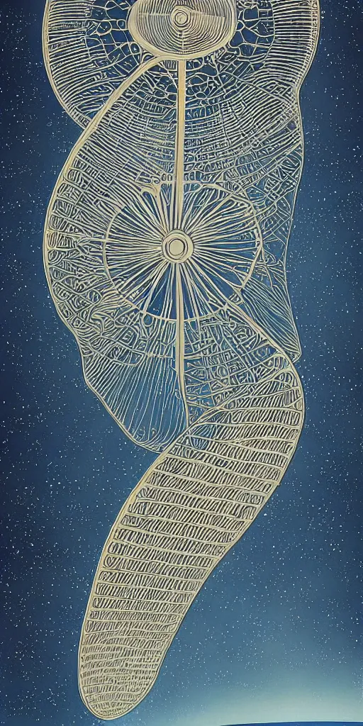 Prompt: Detailed Infographic Artwork by Moebius of a giant beautiful diatom hanging inside a space station