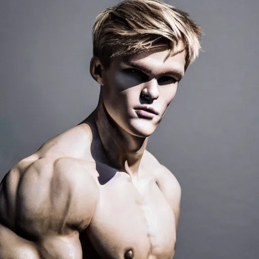 Image similar to a realistic detailed photo of a guy who is an attractive humanoid who is half robot and half humanoid, who is a male android, soccer player martin ødegaard, shiny skin, posing like a statue, blank stare, in a living room, on display, showing off his muscles, with a twin