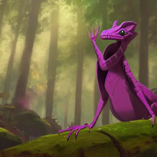 Image similar to concept art painting of an anthropomorphic lizard wearing magenta wizard robes, in the deep forest, realistic, detailed, cel shaded, in the style of makoto shinkai and greg rutkowski and james gurney