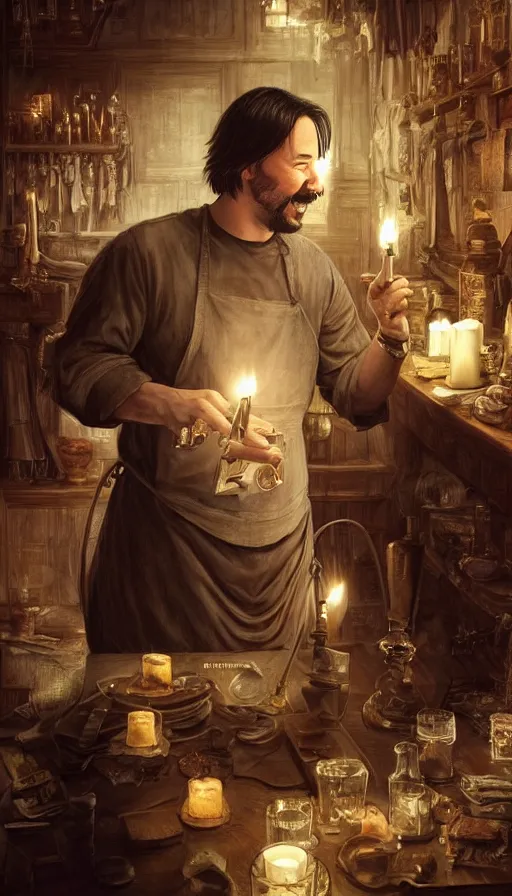 Image similar to keanu reeves as fat drunk tavern owner, apron, laughing, candles, fame of thrones, warhammer, fibonacci, sweat drops, intricate fashion clothing, insane, intricate, highly detailed, surrealistic, digital painting, artstation, concept art, smooth, sharp focus, illustration, unreal engine 5, 8 k, art by artgerm and greg rutkowski and alphonse mucha