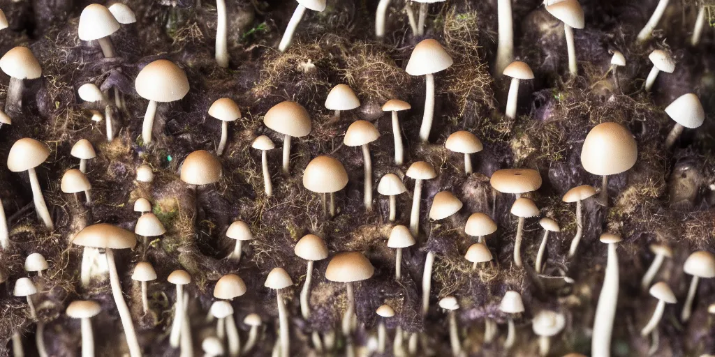 Prompt: microscopic view of a mushrooms mycelial network