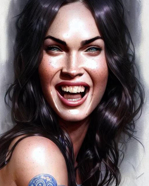 Image similar to portrait of megan fox laughing, intricate, headshot, highly detailed, digital painting, artstation, concept art, sharp focus, cinematic lighting, illustration, art by artgerm and greg rutkowski, alphonse mucha, cgsociety