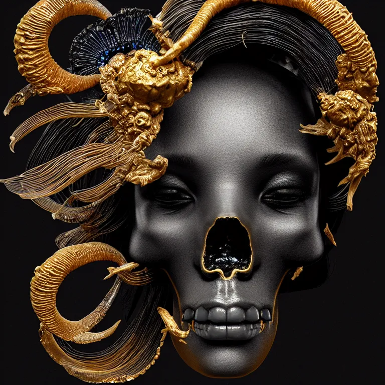 Image similar to black background. goddess princess face close-up portrait ram skull. sculpture made of gold and black charcoal. jellyfish phoenix head, nautilus, orchid, skull, betta fish, bioluminiscent creatures, intricate artwork by Tooth Wu and wlop and beeple. octane render, trending on artstation, greg rutkowski very coherent symmetrical artwork. cinematic, hyper realism, high detail, octane render, 8k