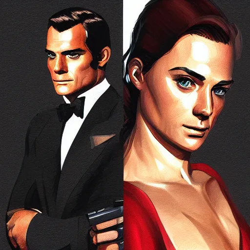 Image similar to henry cavill as james bond, portrait, highly detailed, digital painting, artstation, concept art, sharp focus, illustration, art , style of saturday evening post cover