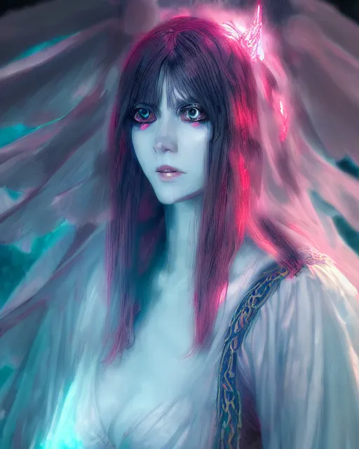 Image similar to satan daughter wearing gown, beautiful, fantasy, colorful, cinematic lighting, artstation, trending, highly detailed, focus, smooth, by hirohiko araki and yoshitaka amano