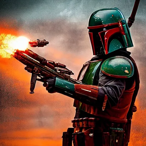 Image similar to Digital Art On Boba Fett, 8k, exquisite detail, by Christian Alzmann, Christian Alzmann art, Explosions, Colorful