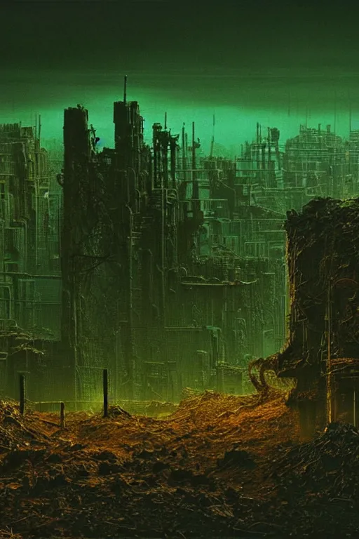 Image similar to glowing green crystals irradiating infested city, wasteland, survival post - apocalyptic, ruined tanks, beksinski