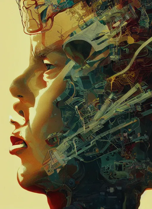 Image similar to poster artwork by Michael Whelan and Tomer Hanuka, Karol Bak of Tom Cruise mind expanding too much like Tetsuo from Akria, from scene from Twin Peaks, clean, simple illustration, nostalgic, domestic, full of details