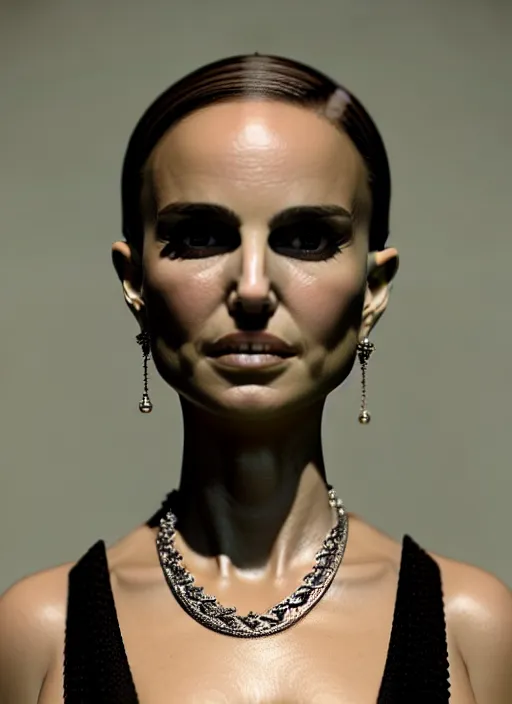 Prompt: a distorted and warped wax model of an absurdly beautiful woman, natalie portman, in the style of irakli nadar and alexandre ferra, white porcelain skin, faberge, intricate chrome chains, light atmosphere, unreal engine 5 highly rendered, global illumination, radiant light, detailed and intricate environment