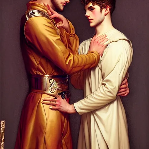 Prompt: attractive fully clothed king confesses his love for his attractive fully clothed male prince. highly detailed painting by j. c. leyendecker, tom bagshaw,