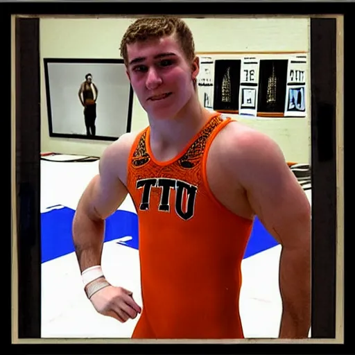 Prompt: “a realistic detailed photo of a American attractive college wrestler called Daton Fix from Oklahoma State University wearing his wrestling singlet”