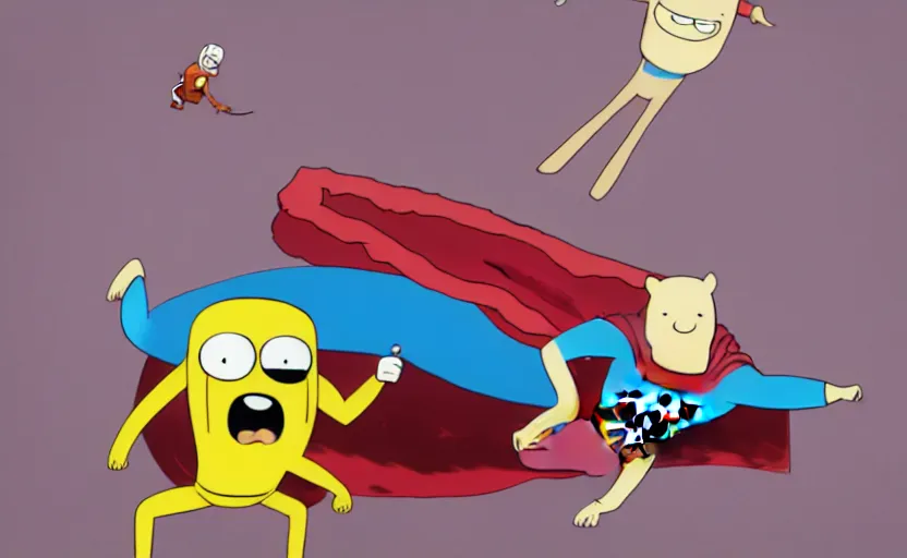 Prompt: painting of Jake from adventure time versus superman from DC universe, Jake is eating bacon pancakes, adventure time vs DC, hand to hand combat, by senior character artist, concept art, digital art, cartoony