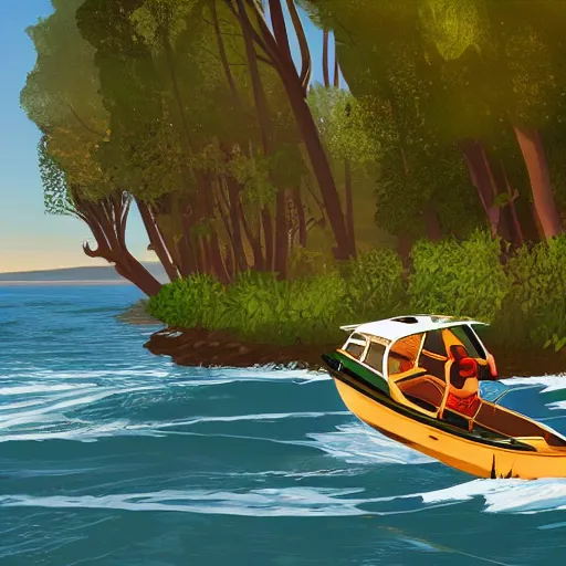 Image similar to A Grand Theft Auto 5 cover style illustration, extremely detailed featuring a river in Europe, surrounded by trees and fields. A dinghy is slowly moving through the water. Nighttime.