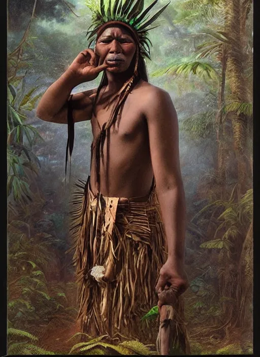 Prompt: a beautiful portrait of an indigenous man taking rapé in the jungle, taking tobacco snuff, fantasy art, matte painting, highly detailed