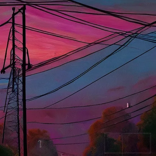 Image similar to colorful bouncing wires on power lines at sunset, beautiful painting, realistic, 4 k, trending on artstation