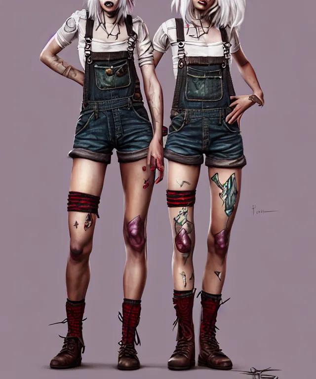 Image similar to full body pose, grungy ciri, torn overalls, short shorts, combat boots, fishnets, beautiful, highly detailed face, true anatomy!, extremely detailed!, digital painting, unreal engine 5, art by tom bagshaw