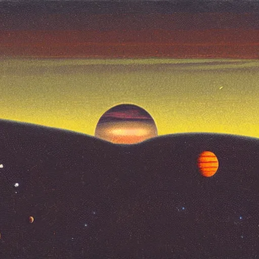 Image similar to evening landscape with two planets in the sky, ( ( ( retrofuturism ) ) ),