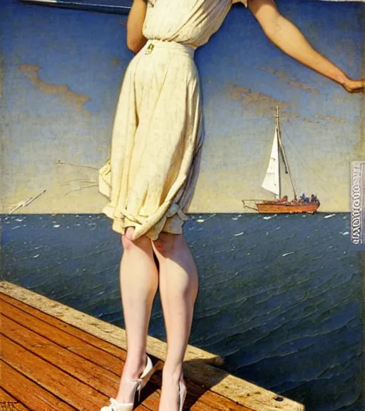 Image similar to a fancy beautiful young lady standing on a wharf at the edge of the sea by brom and gil elvgren and jean delville and william blake and norman rockwell and michael whelan, crisp details, hyperrealism, high detail, high contrast, feminine features, stylish navy blue heels, gold chain belt, cream colored blouse