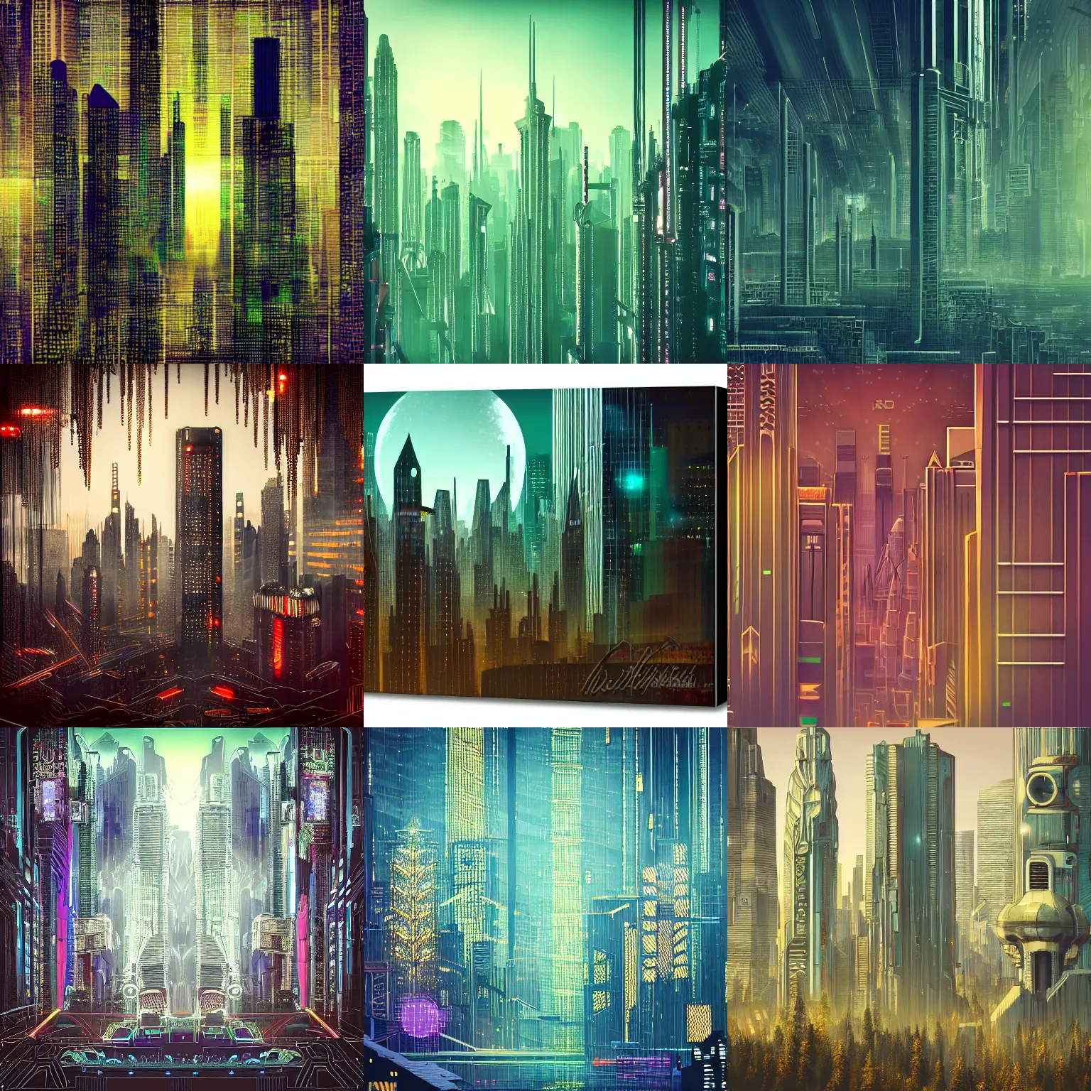 Prompt: detailed photo of a beautiful cyberpunk Art Deco skyline containing a forest