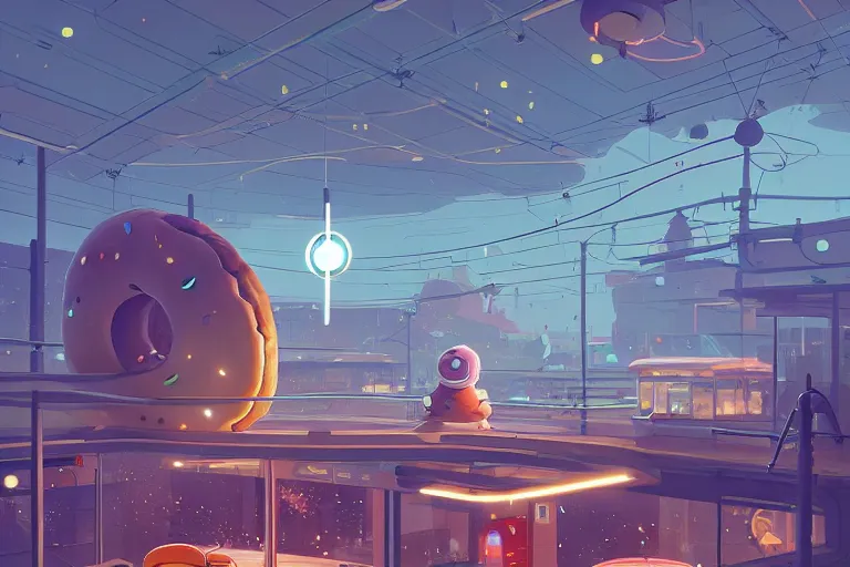 Image similar to A spaceship hovering over a doughnut shop, zapping the paper bags out of each customer's hands as they leave, mystical, intricate, by by Goro Fujita and Simon Stalenhag, and Adrian Ghenie