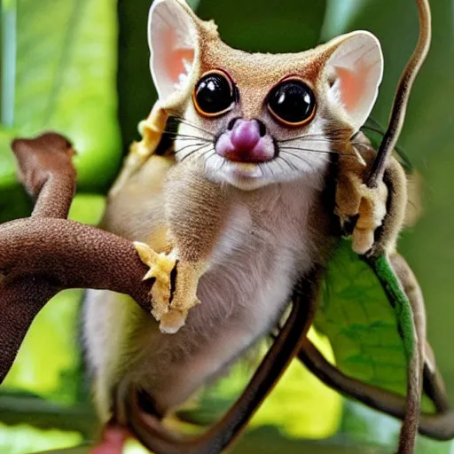 Image similar to Super cute animal combination of Margay, Gecko, Tarsier, Sugar glider, Sand cat, Bee hummingbird, Pygmy hippopotamus , Leafy sea dragon, Elephant Shrew, Klipspringer, Fennec Fox, Tawny frogmouth, Quetzal and Star-nosed mole