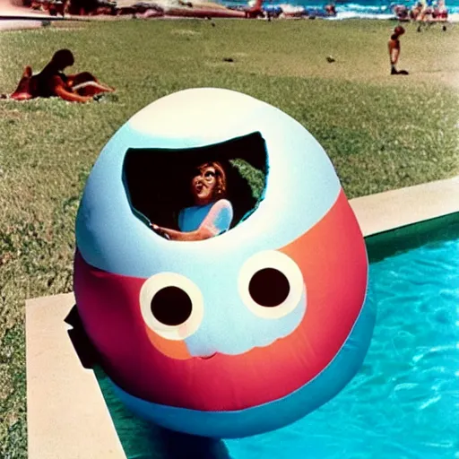 Prompt: 1976 woman wearing a happy squishy inflatable prosthetic mask with googly eyes, soft color wearing a swimsuit at the beach 1976 color film 16mm holding a an inflatable fish Fellini John Waters Russ Meyer Doris Wishman old photo