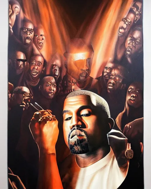 Image similar to kanye west in donda listening party, airbrush, drew struzan illustration art, key art, movie poster