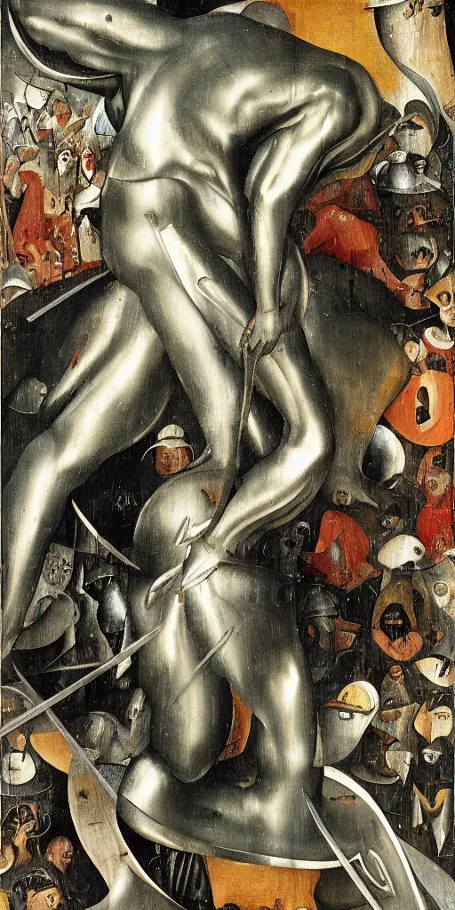 Image similar to the silver surfer by hieronymus bosch, highly detailed, realistic, abstract background, action pose