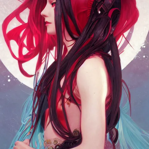 Prompt: a beautiful portrait of hatsune miku with red highlighted hair as a witch, fantasy, intricate, elegant, highly detailed, digital painting, artstation, concept art, matte, sharp focus, illustration, art by greg rutkowski and alphonse mucha