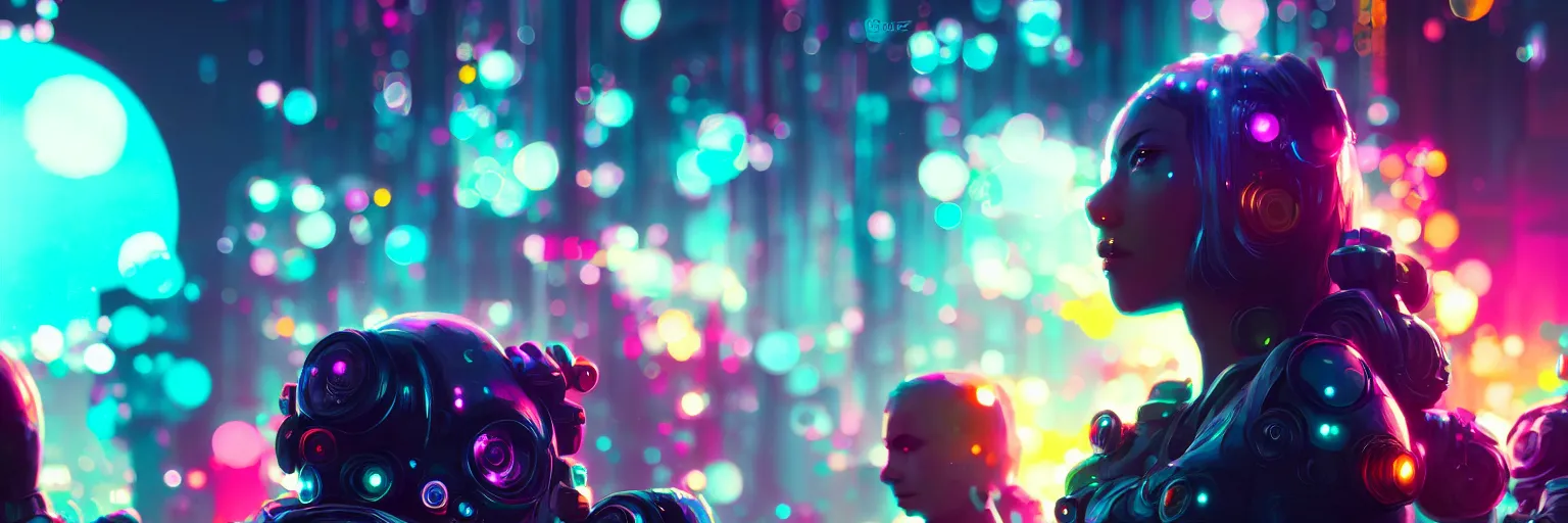 Prompt: outfocus bokeh background of colorful blobs, cyberpunk beauty, cinematic, 4 k ultra hd, art by pascal blanche, art by artgerm, art by greg rutkowski,