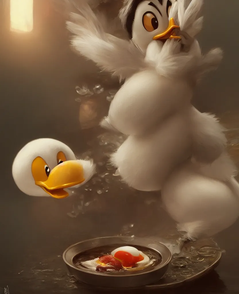 Image similar to realistic photography of a disgusted donald duck eating dirty eggs, deep focus, intricate, elegant, highly detailed, foggy, misterious, digital painting, artstation, concept art, matte, sharp focus, illustration, art by artgerm and greg rutkowski and alphonse mucha