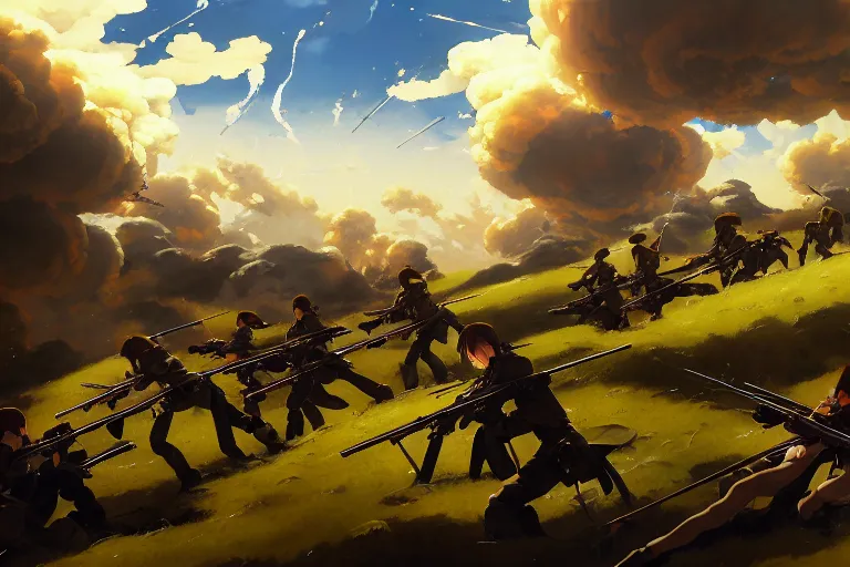 Image similar to baroque oil painting of key visual environment concept art of anime maids firing bolt action rifles at enemy lines, brutalist, dark fantasy, rule of thirds golden ratio, fake detail, trending pixiv fanbox, acrylic palette knife, style of makoto shinkai studio ghibli genshin impact jamie wyeth james gilleard greg rutkowski chiho aoshima