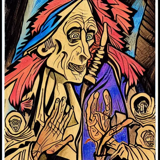 Prompt: hunchback death pilgrimage, in the style of tom jung, colourful hand drawing, beautiful faces, dramatic, tragic, intricate, detailed, beautiful