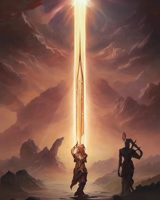 Image similar to the spear of destiny holy lance by peter mohrbacher and dan mumford and nekro, cgsociety, volumetric light, 3 d render