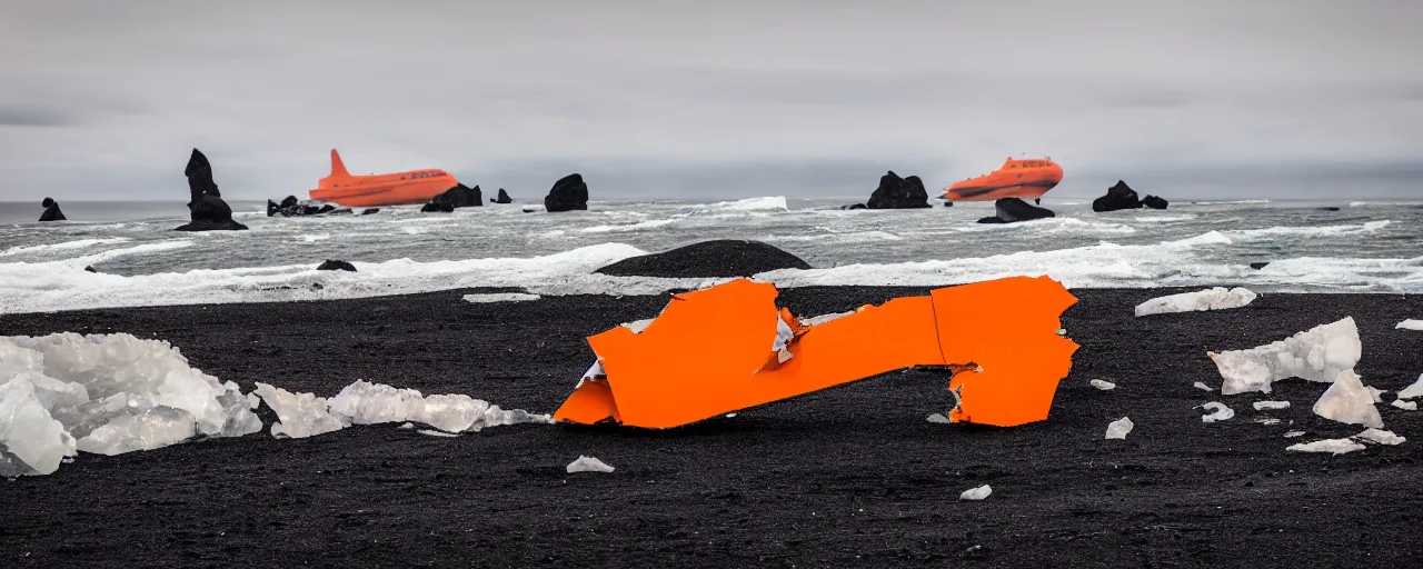 Image similar to cinematic shot of giant orange and white military spacecraft wreckage on an endless black sand beach in iceland with icebergs in the distance, 2 8 mm, shockwave