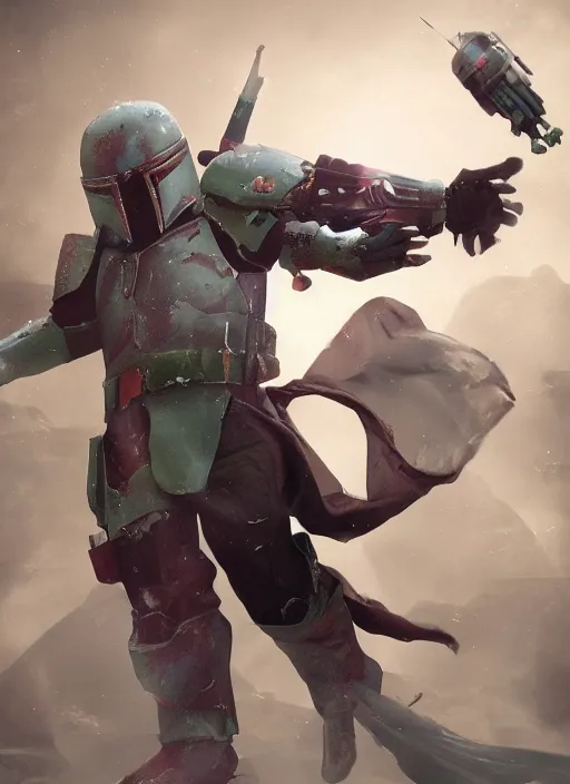 Prompt: arcane wizard x boba fett, 3 d digital art, character mashup, epic volumetric lighting, combination art, photorealistic