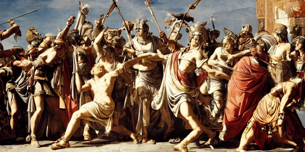 Image similar to gaius iulius caesar battle against cleopatra, cinematic