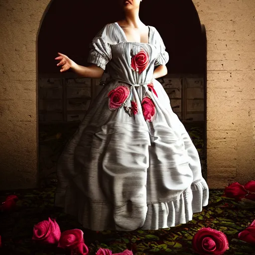 Image similar to a realistic wonderful lady dressed with a large and decorate majestic roses cotton dress that is coming out from a ocean, dramatic light, octane--8k