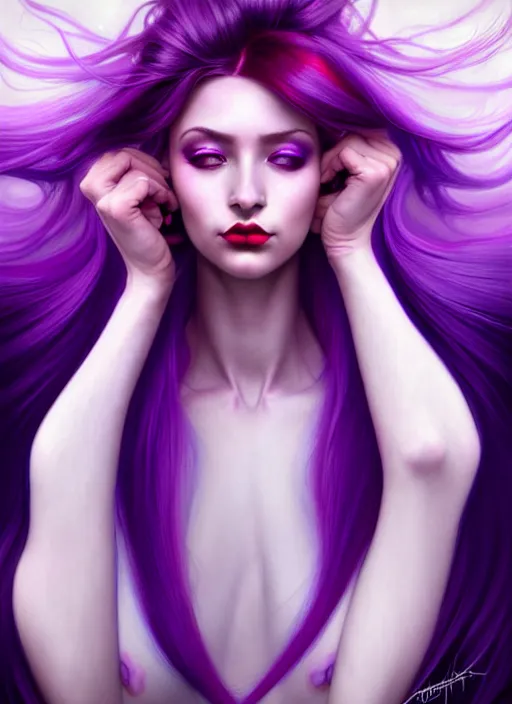 Image similar to Purple hair relistic Portrait of a two woman with bright colored flying hair, all shades of purple. Beauty face, red lips, Hair coloring, fantasy, intricate, elegant, highly detailed, digital painting, artstation, concept art, smooth, sharp focus, illustration, art by artgerm and greg rutkowski and alphonse mucha
