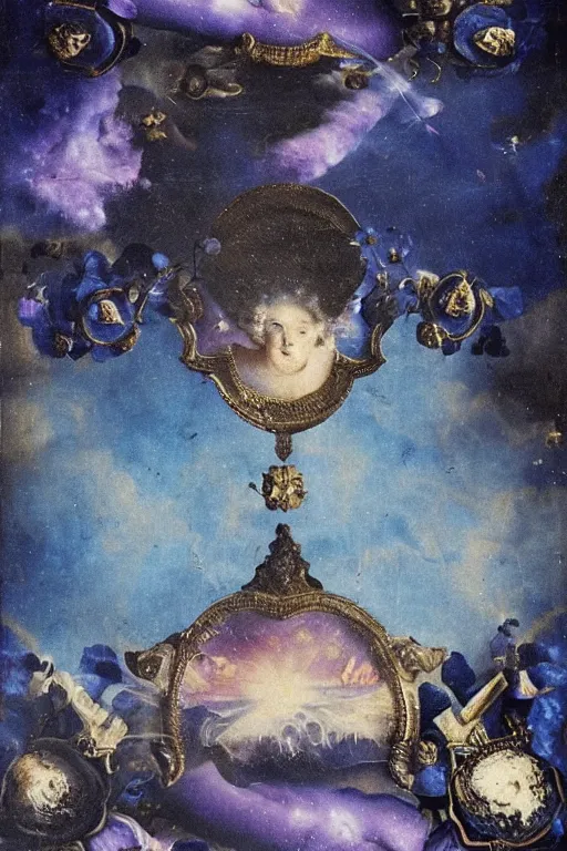 Prompt: intricate beautiful blue, black and purple papaver, nebula in the sky, 1 7 th century, holds playing cards, in card's player by sezanne, matte painting, renaissance painting