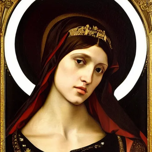 Prompt: a Pre-Raphaelite painting by Caravaggio of Kim Kardashian as the Virgin Mary, Catholic icon, halo, ornate, gilded