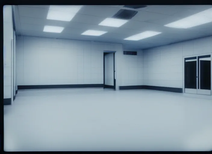 Prompt: polaroid photograph of a large white empty breakroom, retrofuturist liminal space, familiar place, clean, black mold, amateur, unreal engine, photorealistic, trending on artstation