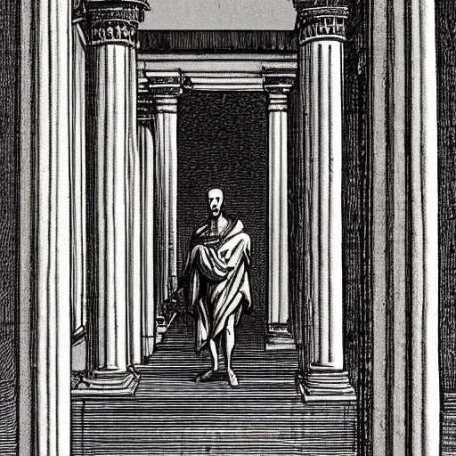 Prompt: machiavelli with a tiny head walking down a hallway with marble columns with horrible ghosts on the columns